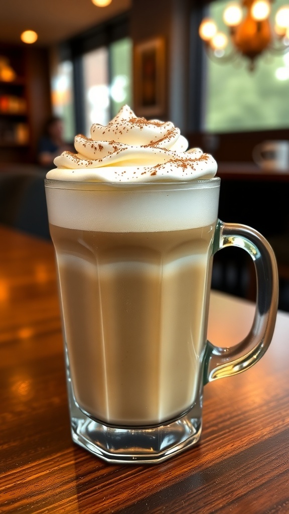 A creamy oat vanilla latte in a glass mug topped with whipped cream and cocoa powder, set on a wooden table in a café.